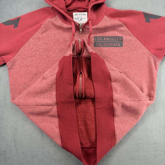 True Religion Full Zip Hoodie Men's 2XL Red Color Block Raglan Distressed Cali - Picture 9 of 11